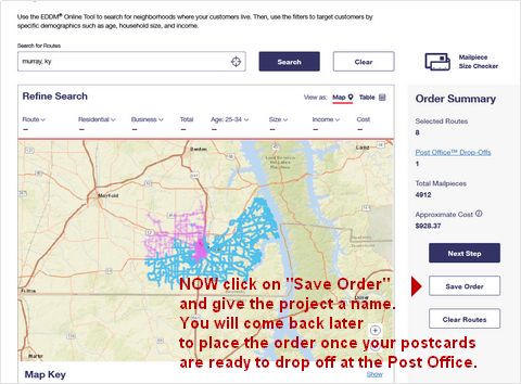 You are now ready to click the Save button to name and save your EDDM route selections. | Gospel Postcard Evangelism